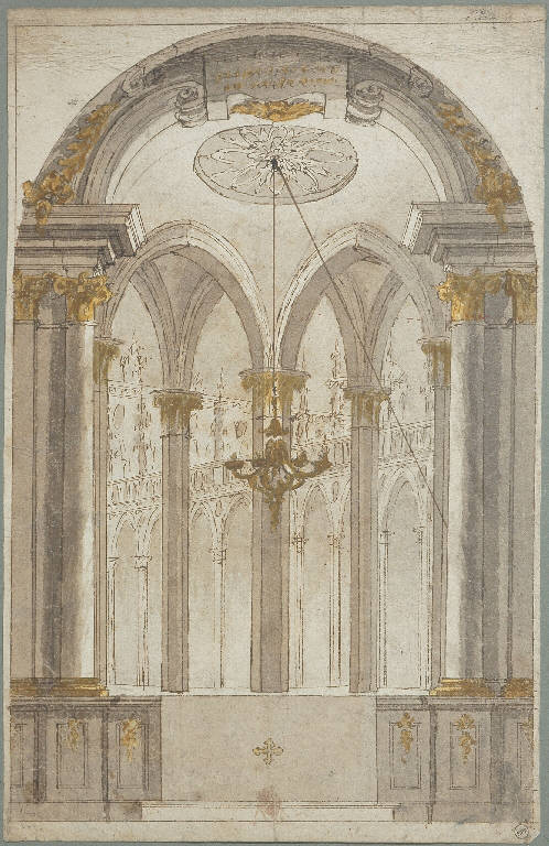 Vestibolo con lampadario, Interno (disegno) - ambito Italia settentrionale (primo quarto sec. XIX)