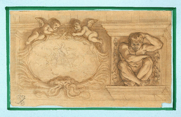 Parte di fregio con un tondo sostenuto da putti e giovane ignudo seduto, Decorazioni (disegno) - ambito italiano (sec. XVII)