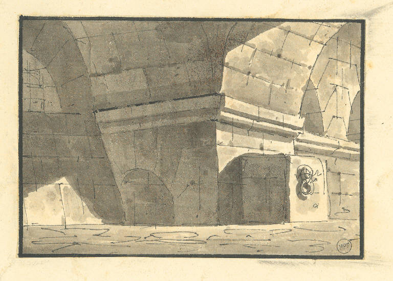 Scena raffigurante un sotterraneo, Interno (disegno) - ambito italiano (prima metà sec. XIX)