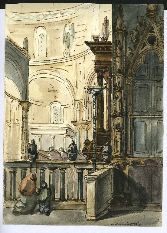 Interno di chiesa con oranti, Interno (disegno) - ambito italiano (prima metà sec. XIX)