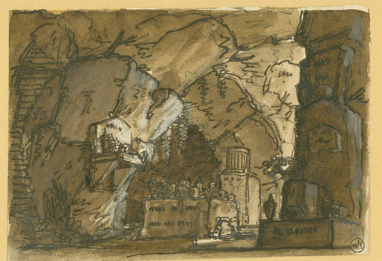 Scena raffigurante una grotta, Interno (disegno) - ambito italiano (prima metà sec. XIX)