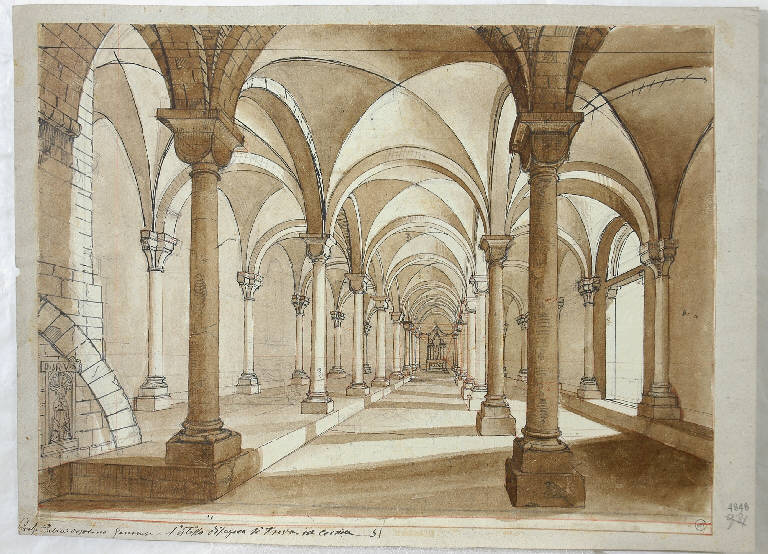 Corridoio in prospettiva con colonne e volte a crociera, Interno (disegno) - ambito italiano (fine/inizio secc. XVIII/ XIX)