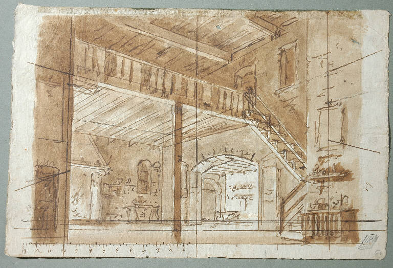 Scena raffigurante un interno con scala in legno, Interno (disegno) - ambito Italia settentrionale (terzo quarto sec. XVIII)