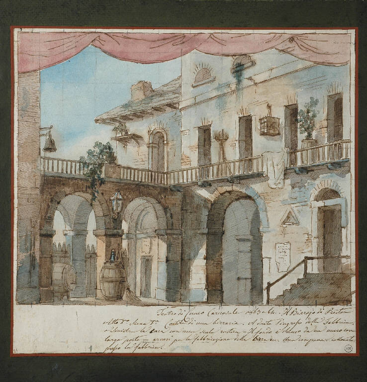 Scena raffigurante il cortile di una birreria, Architetture (disegno) di Mogolari Gaetano (sec. XIX)