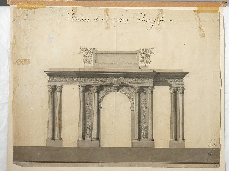 Facciata di un arco di trionfo, Architetture (disegno) - ambito italiano (primo quarto sec. XIX)