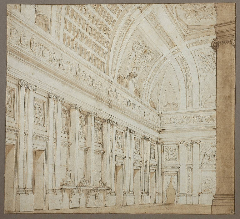 Sala riccamente ornata, Architetture (disegno) - ambito Italia settentrionale (primo quarto sec. XIX)