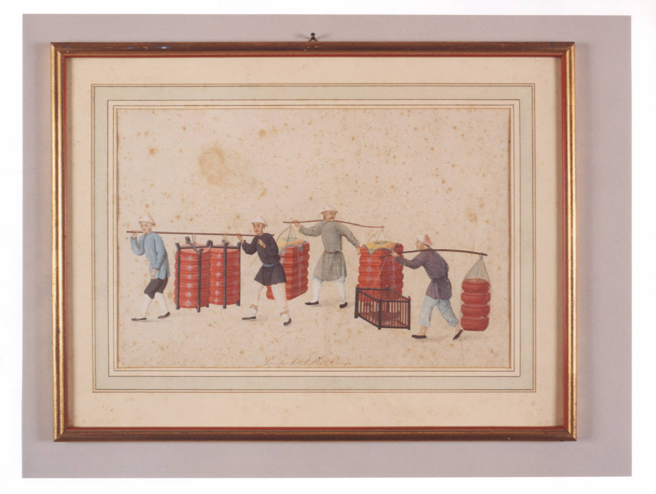 figure maschili trasportano dei cuscini e una gabbia con anatra (disegno) - ambito cinese (seconda metà sec. XIX)