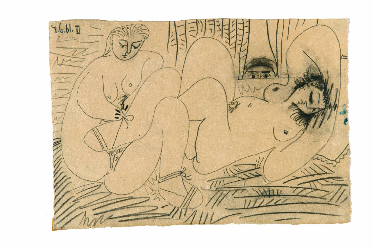 Le voyeur, Les déjeuners sur l'herbe: deux femmes nues, guardone, 8.6.1961, VI, figure femminili (disegno) di Picasso, Pablo (sec. XX)