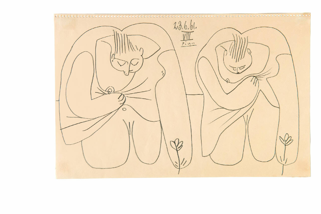 Deux femmes cueillant des fleurs, Les déjeuners sur l'herbe: étude pour deux femmes cueillant une fleur, 23.6.1961, VIII, figure femminili (disegno) di Picasso, Pablo (sec. XX)