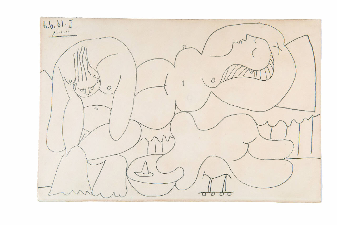 Les déjeuners. Baigneuses, enfant et jouet, Les déjeuners sur l'herbe: baigneuses, enfant et jouets, 6.6.1961, II, figure femminili (disegno) di Picasso, Pablo (sec. XX)