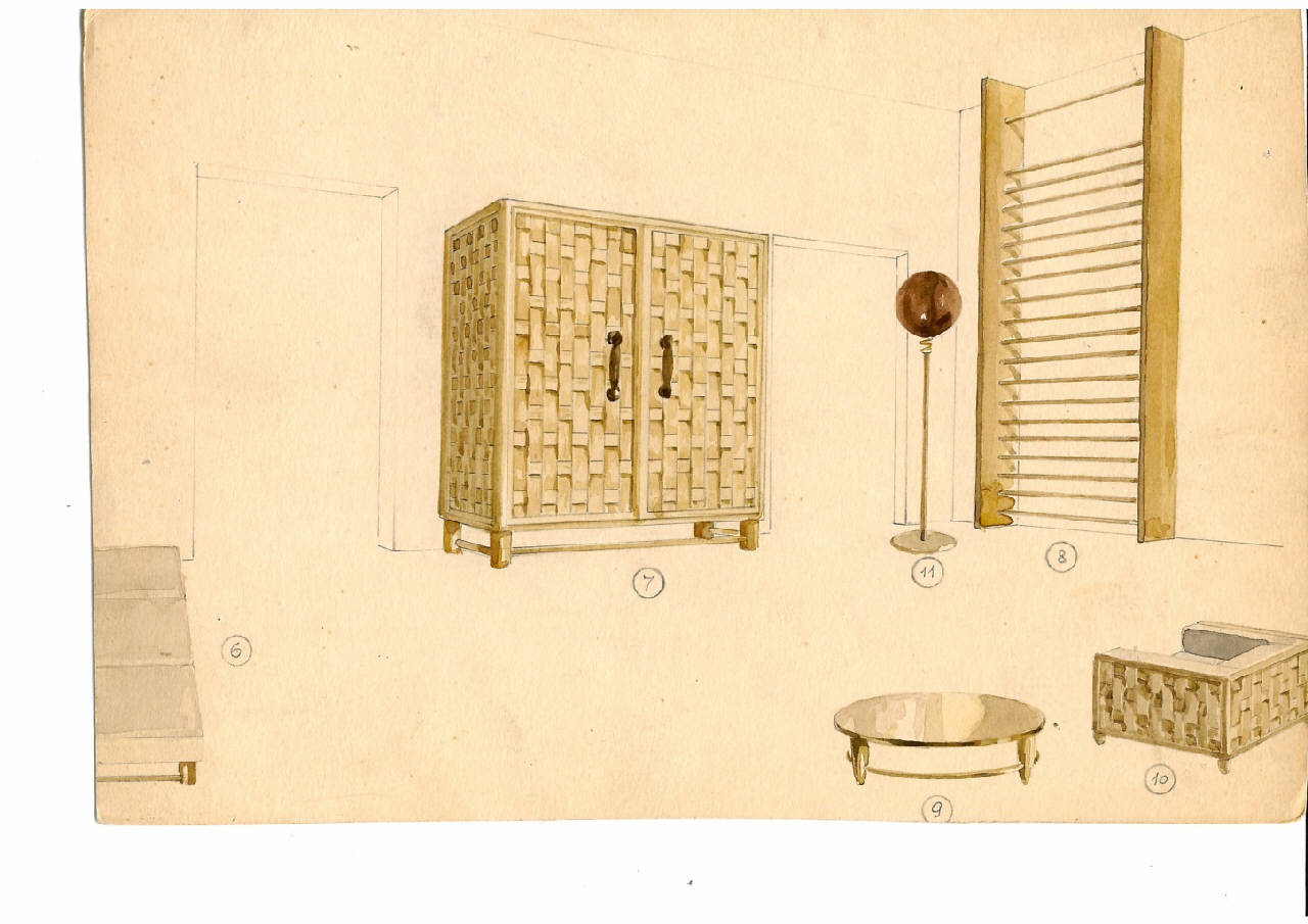 Palestrina, poltrona, armadio, tavolo, consolle, spalliera, punching ball (disegno) di Ulrich, Guglielmo (sec. XX)