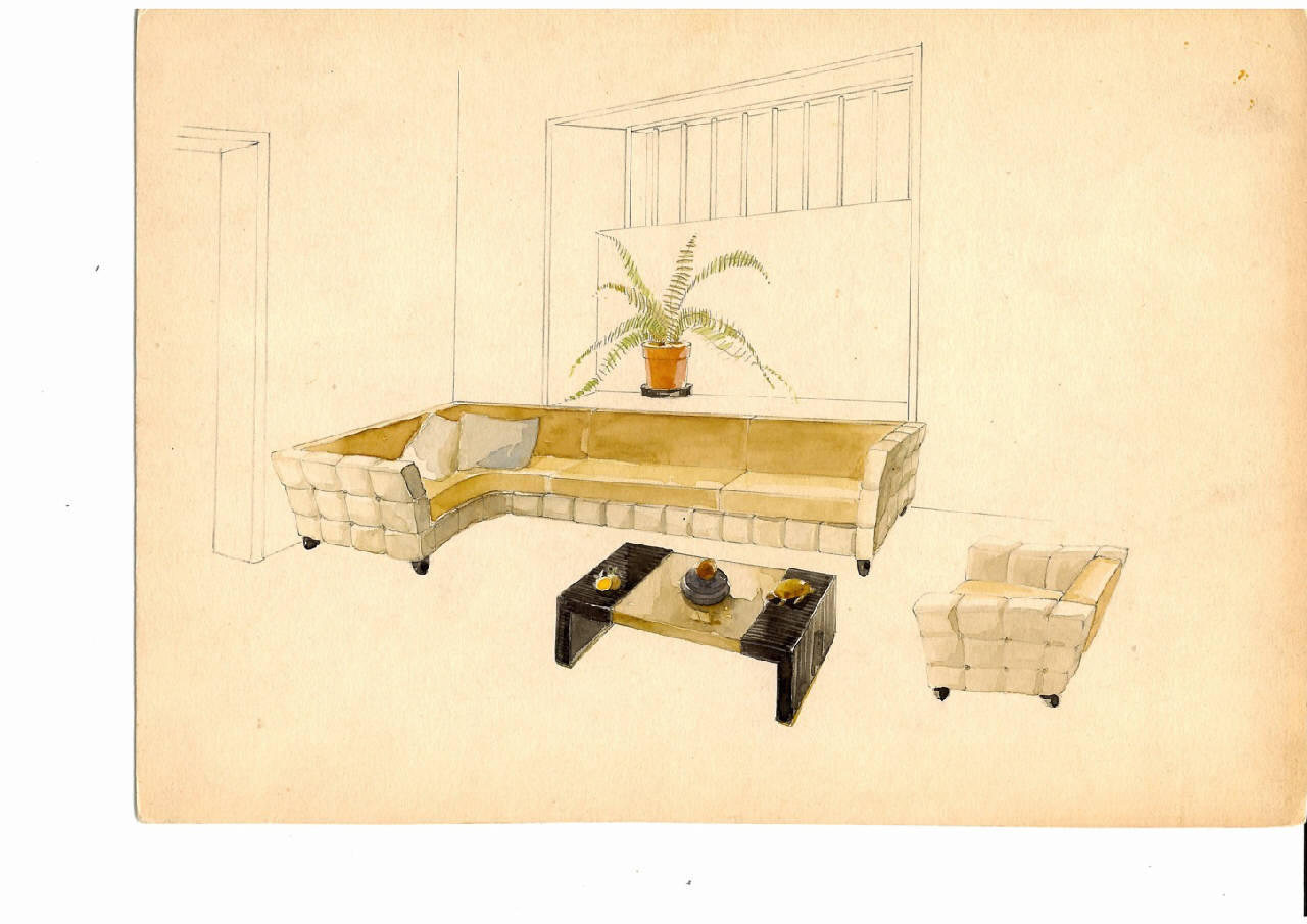 Salotto, divano, poltrona, tavolo (disegno) di Ulrich, Guglielmo (sec. XX)