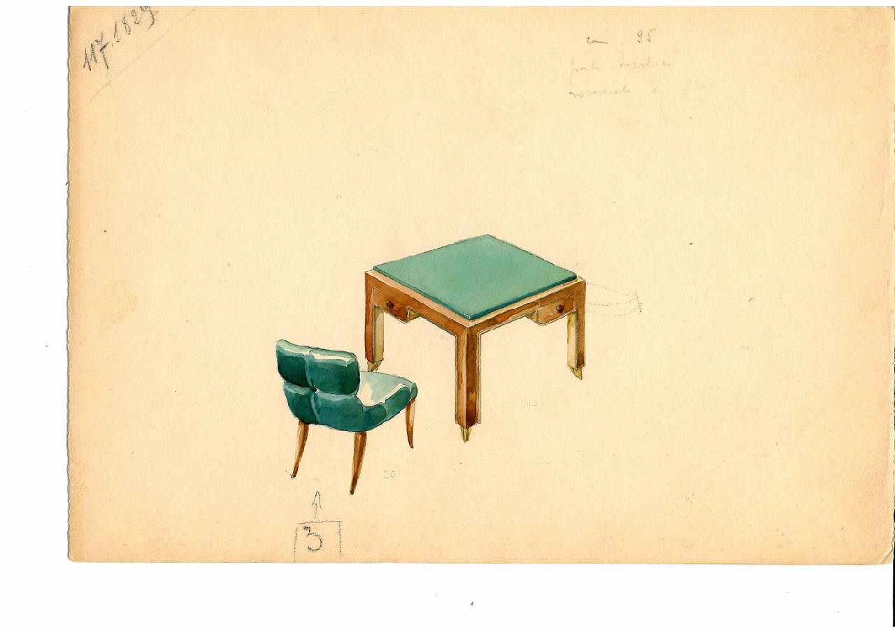 Tavolo da gioco e sedia, tavolo, sedia (disegno) di Ulrich Guglielmo (sec. XX)