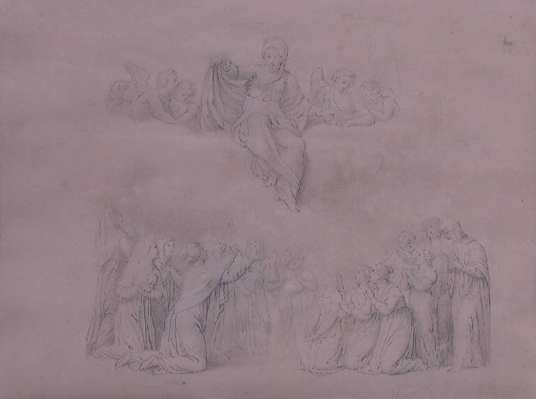 Fanciulle davanti alla Madonna (disegno) di Teosa Giuseppe (secondo quarto sec. XIX)