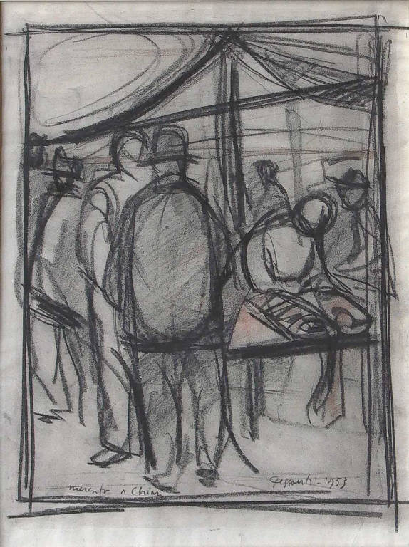 Mercato a Chiari, Veduta del mercato a Chiari (disegno) di Dessanti Cesco (sec. XX)