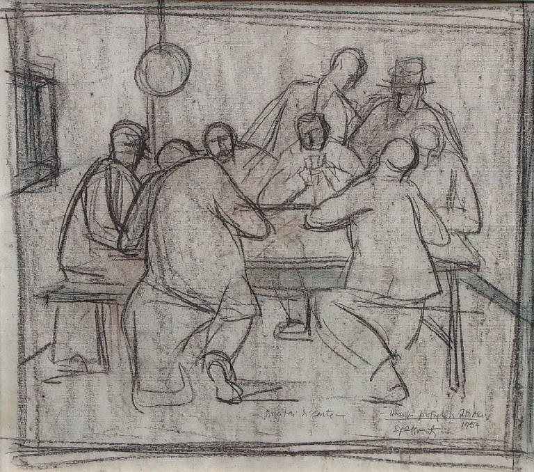 Campo profughi di Chiari, giocatori di carte, Uomini seduti ad un tavolo ed intenti a giocare a carte (disegno) di Dessanti Cesco (sec. XX)