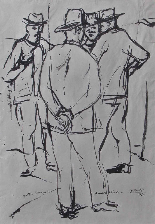 Quattro uomini al mercato di Chiari, Quattro uomini al mercato di Chiari (disegno) di Dessanti Cesco (sec. XX)