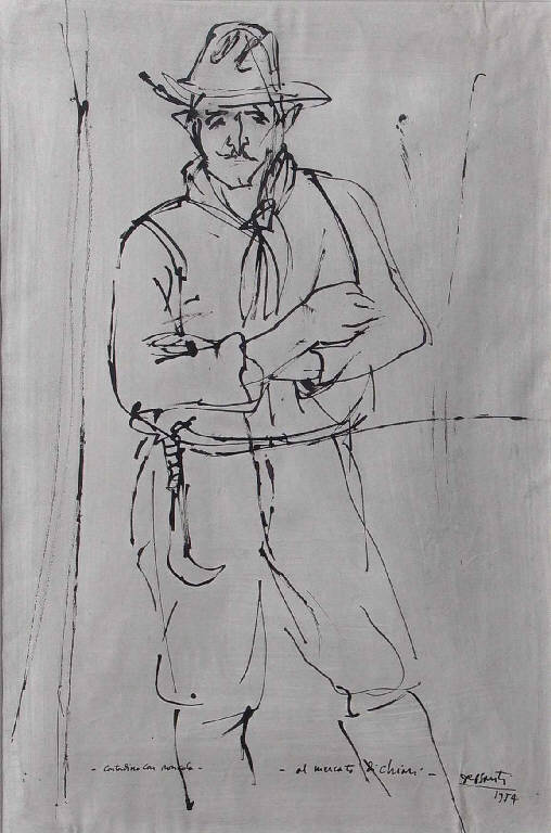 Contadino con roncola al mercato di Chiari, Ritratto di contadino con roncola al mercato di Chiari (disegno) di Dessanti Cesco (sec. XX)