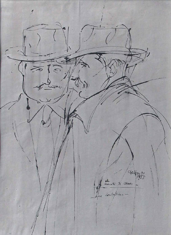 Due contadini al mercato di Chiari, Ritratto di due contadini al mercato di Chiari (disegno) di Dessanti Cesco (sec. XX)