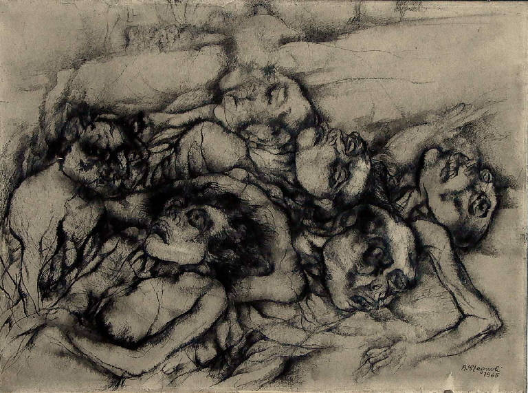 Bergen Belsen marzo '45, Cadaveri ammucchiati (disegno) di Stagnoli Antonio (sec. XX)