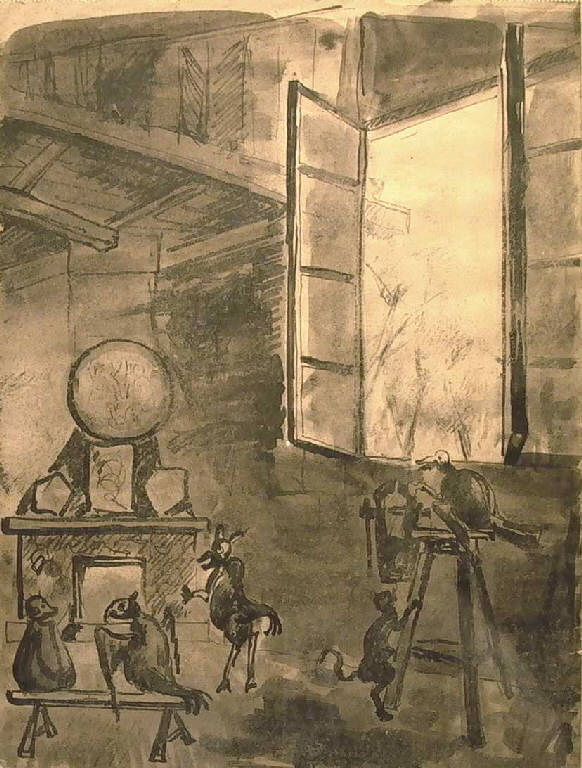 Divertimento, Capriccio con galli in un interno (disegno) di Pelati Vittorio (metà sec. XX)