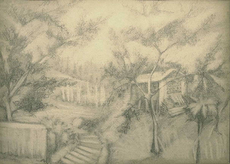 Paesaggio tra gli alberi (disegno) di Pelati Vittorio (metà sec. XX)