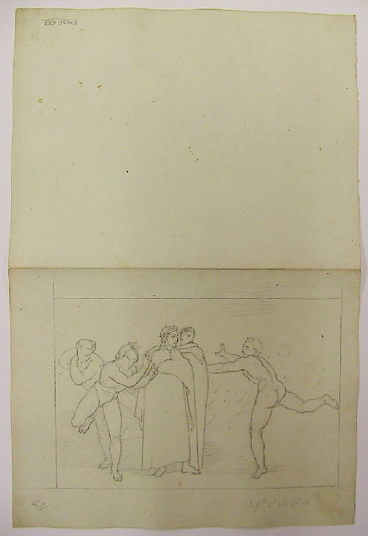 Episodio della Divina Commedia: tre dannati corrono in cerchio attorno a Dante/ Assalto dei diavoli (disegno) di Ligari Angelo (sec. XIX)