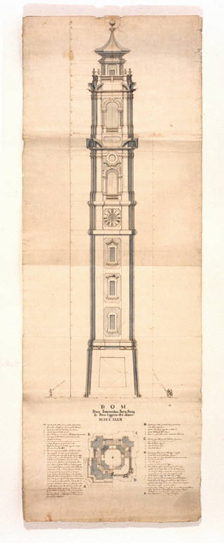 Prospetto e planimetria del campanile della chiesa dei Santi Gervasio e Protasio di Sondrio (disegno) di Ligari Giovanni Pietro (sec. XVIII)