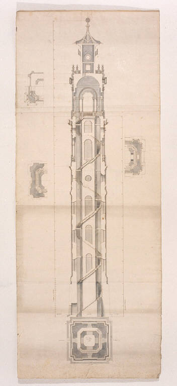 Sezione e Planimetria del campanile della chiesa dei Santi Gervasio e Protasio di Sondrio (disegno) di Ligari Giovanni Pietro (sec. XVIII)