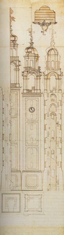 Prospetto, sezione e planimetria del campanile della chiesa dei Santi Gervasio e Protasio a Sondrio (disegno) di Cometti Giacomo (sec. XVIII)