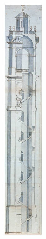 Prospetto e sezione del campanile della chiesa dei Santi Gervasio e Protasio a Sondrio (disegno) di Ligari Giovanni Pietro (sec. XVIII)