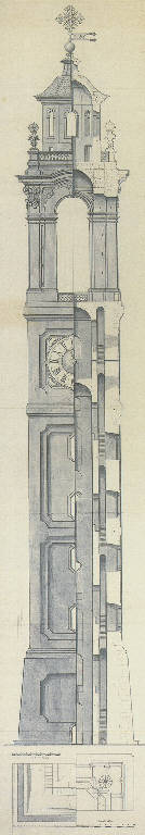 Prospetto, sezione e planimetria del campanile della chiesa dei Santi Gervasio e Protasio a Sondrio (disegno) di Solari Pietro (sec. XVIII)