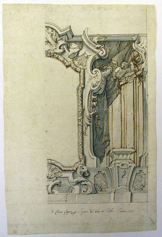 Cornice architettonica con motivi decorativi e figure per la chiesa di Villa a Tirano (disegno) di Ligari Cesare (sec. XVIII)