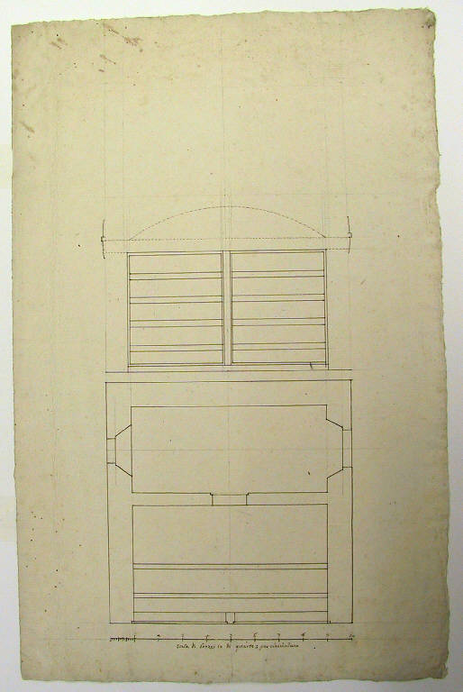 Planimetria e sezione di edificio (disegno) di Ligari Giovanni Pietro (secondo quarto sec. XVIII)