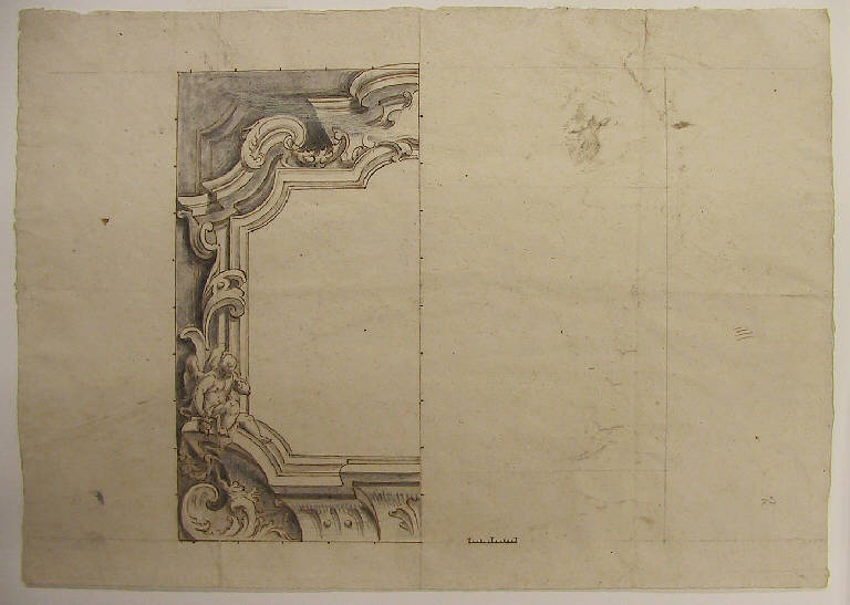 Cornice architettonica con motivi decorativi e figure per il presbiterio della chiesa di San Giovanni Battista a Lanzada (disegno) di Ligari Giovanni Pietro (sec. XVIII)