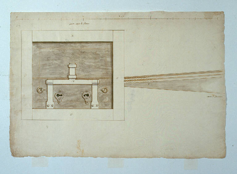Serratura per il "deposito" della Santa Croce, Serratura (disegno) di Ligari Giovanni Pietro (sec. XVIII)