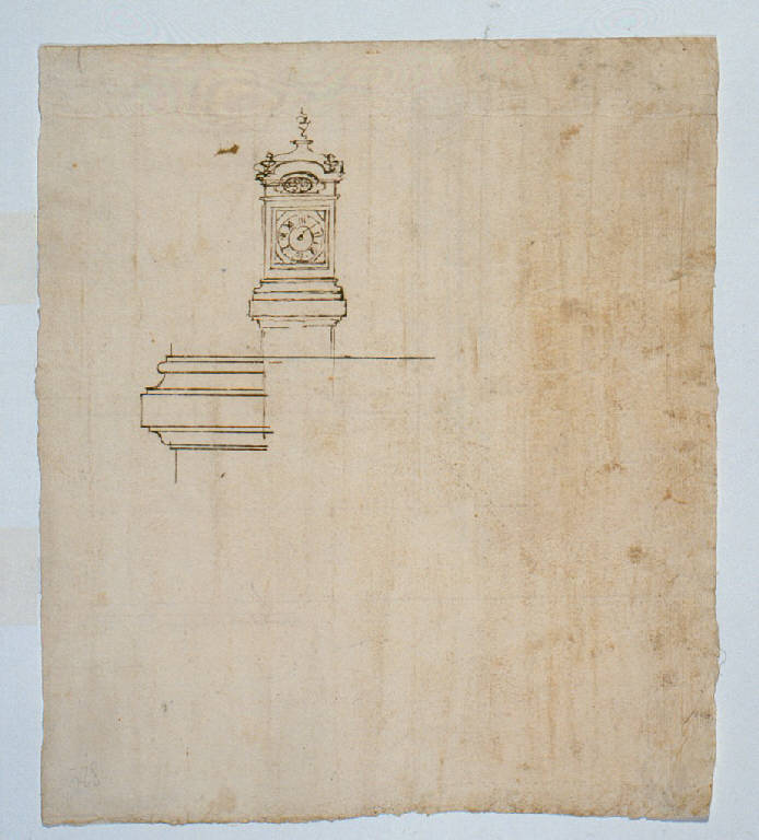 Orologio a pendolo/ Elementi architettonici (disegno) di Ligari Giovanni Pietro (prima metà sec. XVIII)