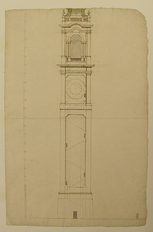 Prospetto del campanile della chiesa dei Santi Gervasio e Protasio a Sondrio (disegno) di Ligari Giovanni Pietro (sec. XVIII)