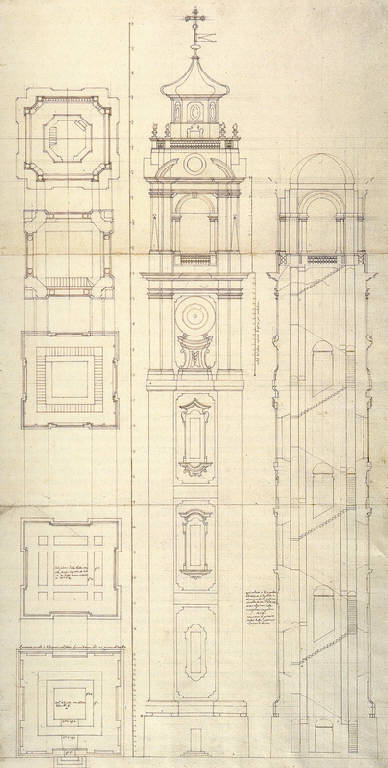 Sezione e prospetto del campanile della chiesa dei Santi Gervasio e Protasio a Sondrio (disegno) di Ligari Giovanni Pietro (sec. XVIII)
