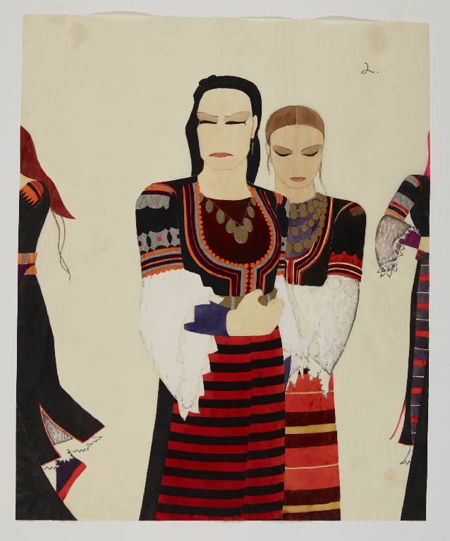 Donne bulgare in costume nazionale (disegno) di Arghiroff, Andromaca (sec. XX)