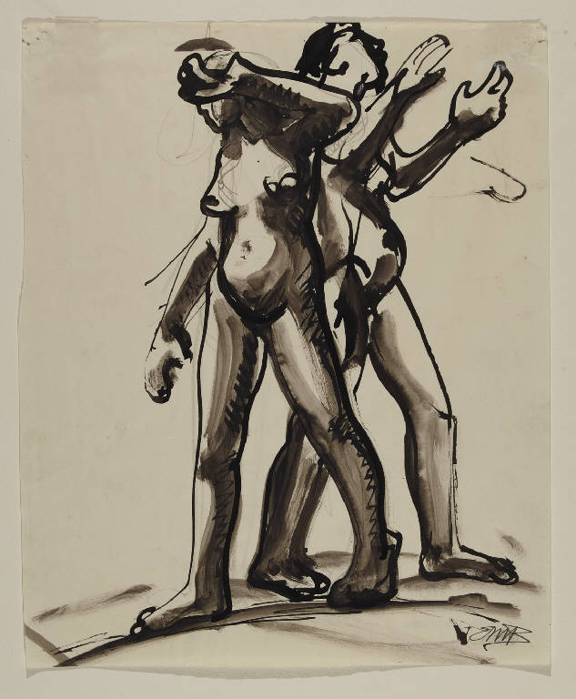 Studio di due nudi femminili, La cacciata di Adamo ed Eva dal paradiso terrestre, Due figure maschili (disegno) di Boglino, Maria Elisa (sec. XX)