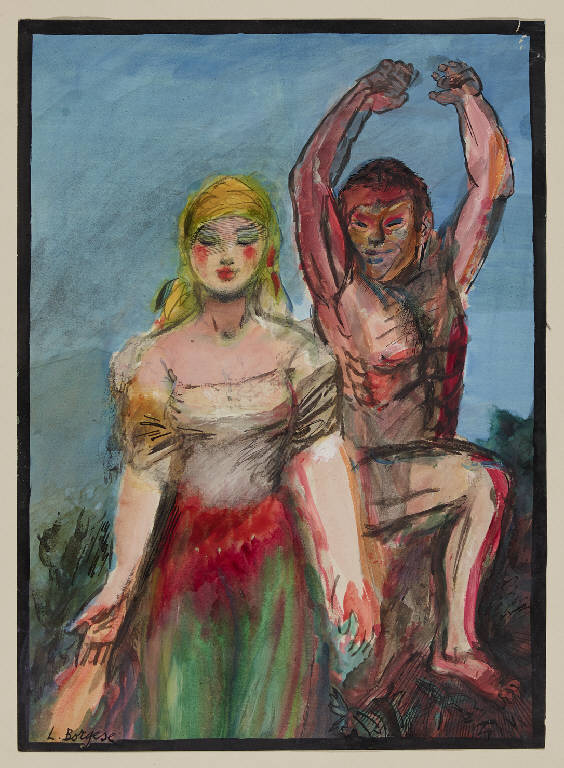 Donna velata e uomo folleggiante (disegno) di Borgese, Leonardo (sec. XX)