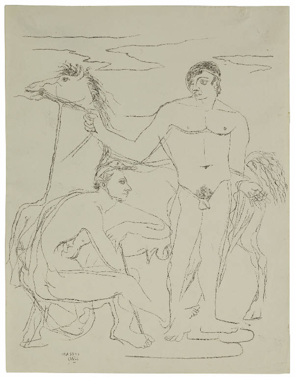 Due uomini nudi e un cavallo, I Dioscuri (disegno) di Cagli, Corrado (sec. XX)