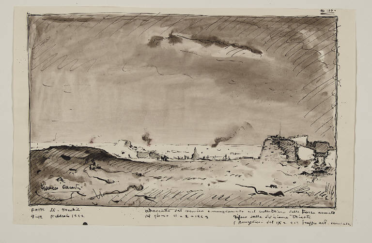 Forte El Mechili attaccato (bollettino forze armate l11/2/1942)e difeso dalla divis.Trieste Bersaglieri del IX e XXI gruppo art. campale (disegno) di Casadei, Maceo (sec. XX)
