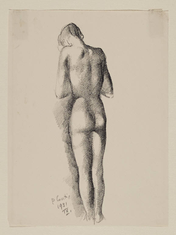 Figura femminile nuda vista da tergo (disegno) di Conti, Primo (sec. XX)