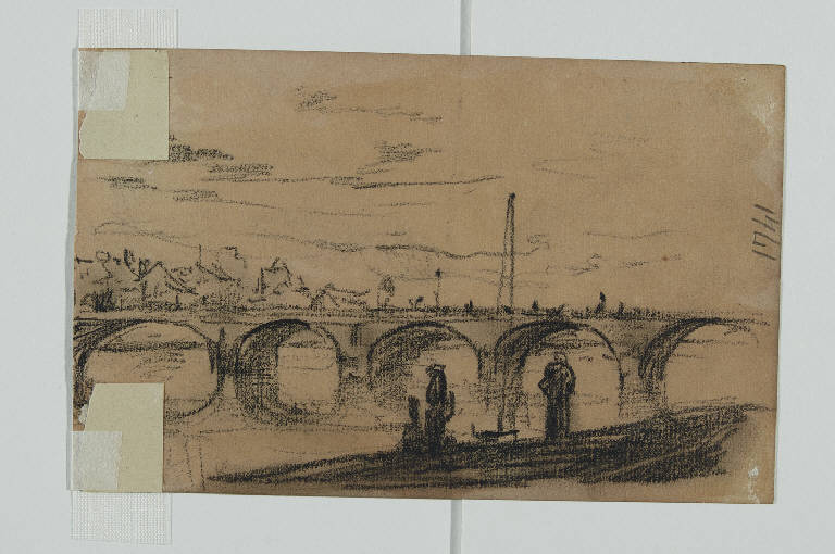 Ponte su un fiume con case sullo sfondo (disegno) di Bock, Theophile de (sec. XIX)