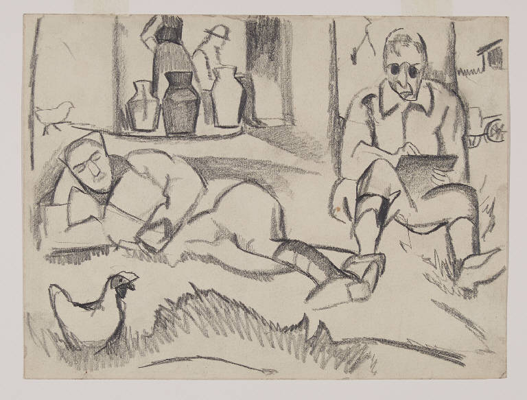Soldati a riposo, Militari in riposo (disegno) di Funi, Achille Virgilio Socrate (sec. XX)
