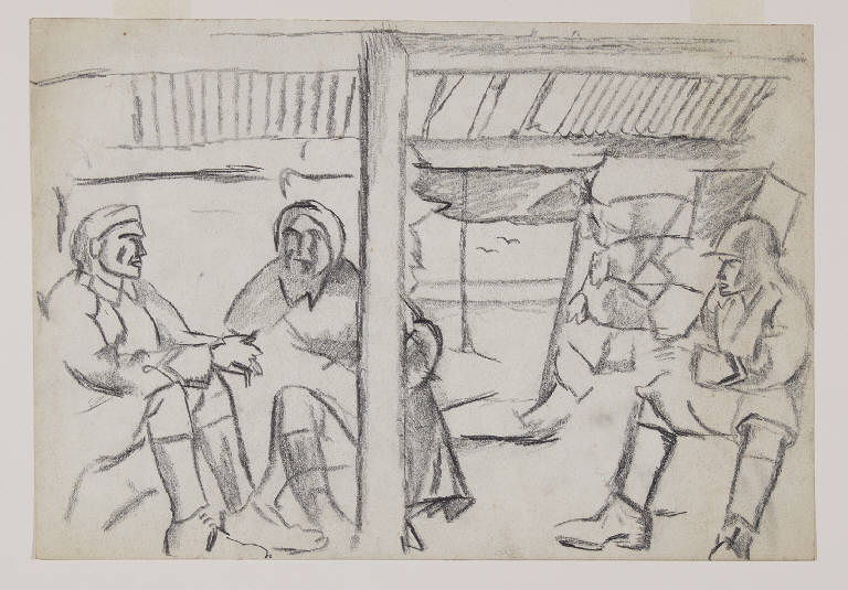 Una baracca sull'argine del Piave, Soldati in una baracca (disegno) di Funi, Achille Virgilio Socrate (sec. XX)