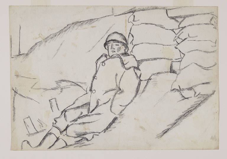 Il mio attendente a Caposile, Soldato in trincea (disegno) di Funi, Achille Virgilio Socrate (sec. XX)
