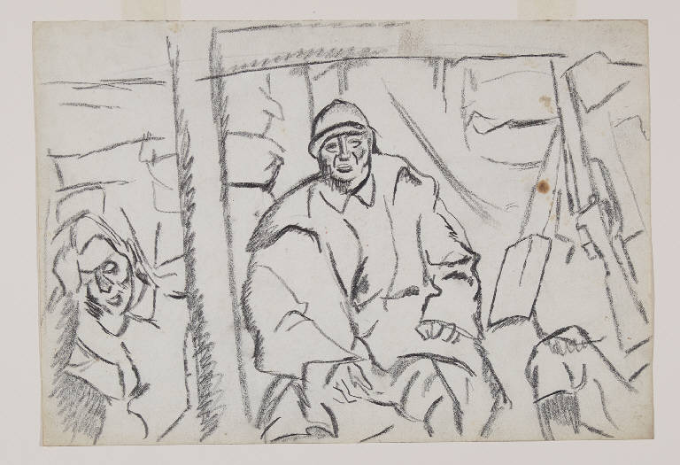 Interno di una baracca sul Piave, Soldati in una baracca (disegno) di Funi, Achille Virgilio Socrate (sec. XX)
